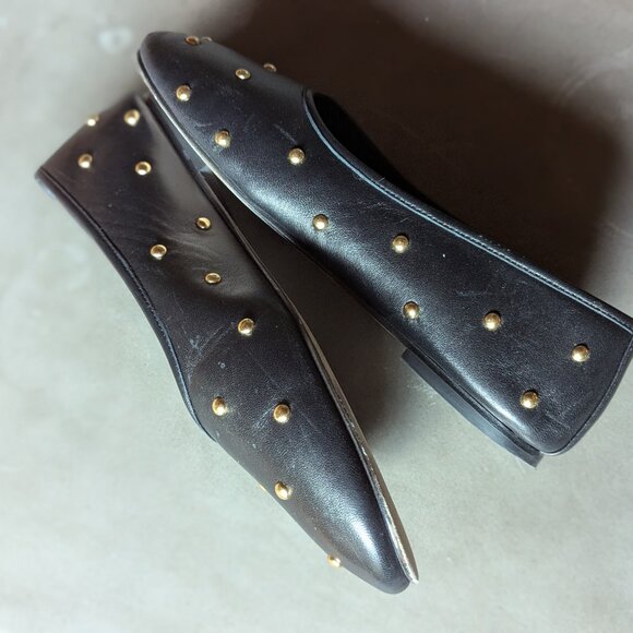 Dear Frances | Black Leather Bala Gold Studs Ballerina Flats | 38 - Picture 11 of 16